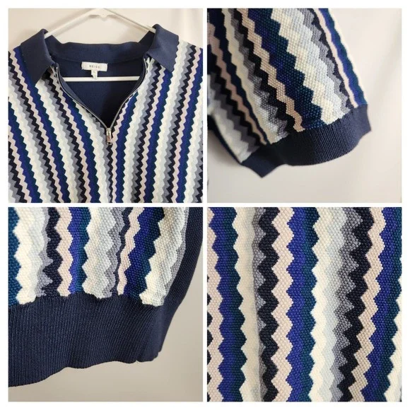 REISS Mens Blanco 1/2 Zip Knit Polo Shirt Blue Geo Print Zig Zag Top Size Large - Picture 5 of 7